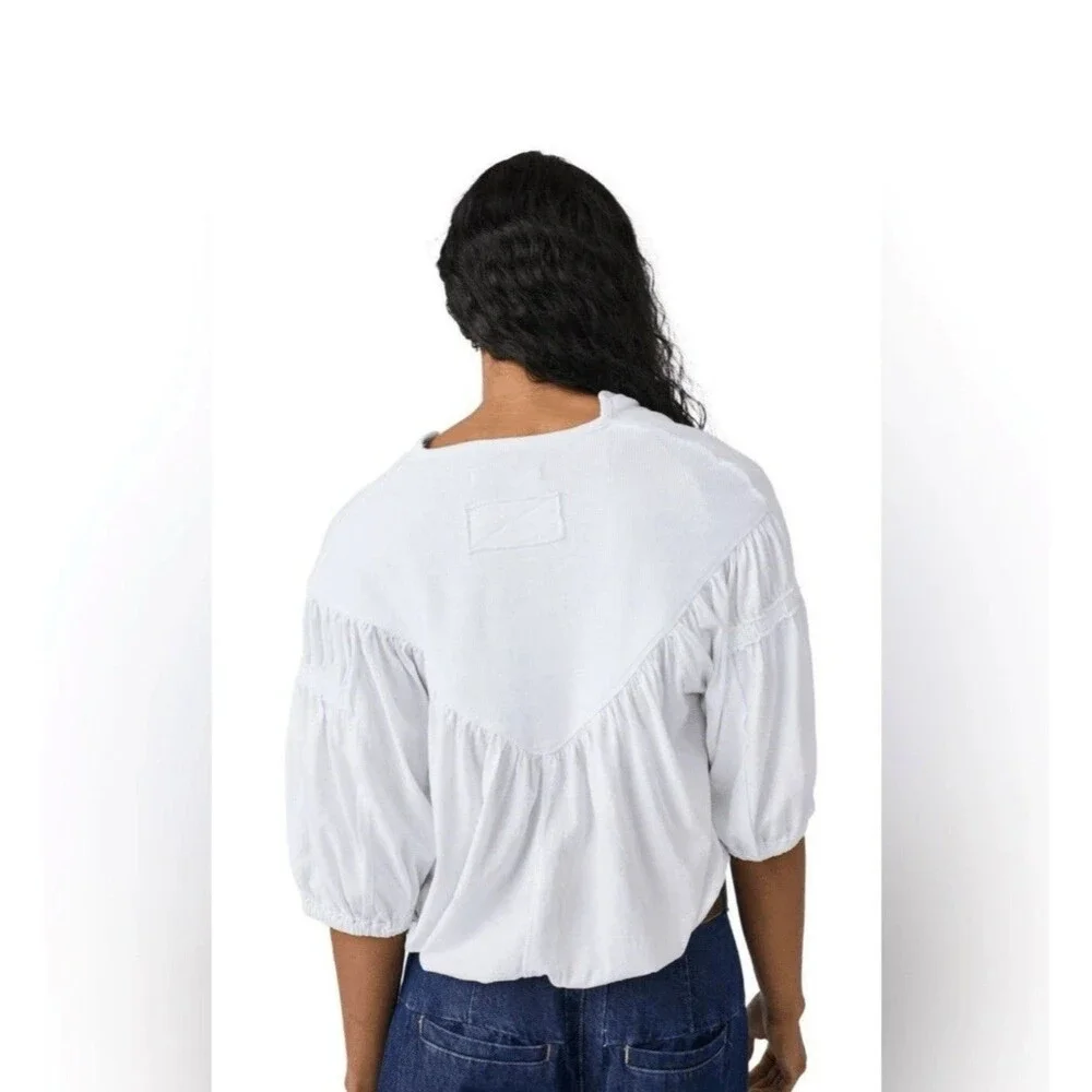 Free People No Good Alone Tee Top Optic White Puff Sleeve V-Neck Size L NWT